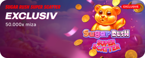Promo banner: Sugar Rush Super Scatter — 50.000x miza